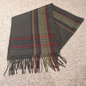 Lochmere Cashmere Wool Scarf Green Stripes Plaid Fringe Classic